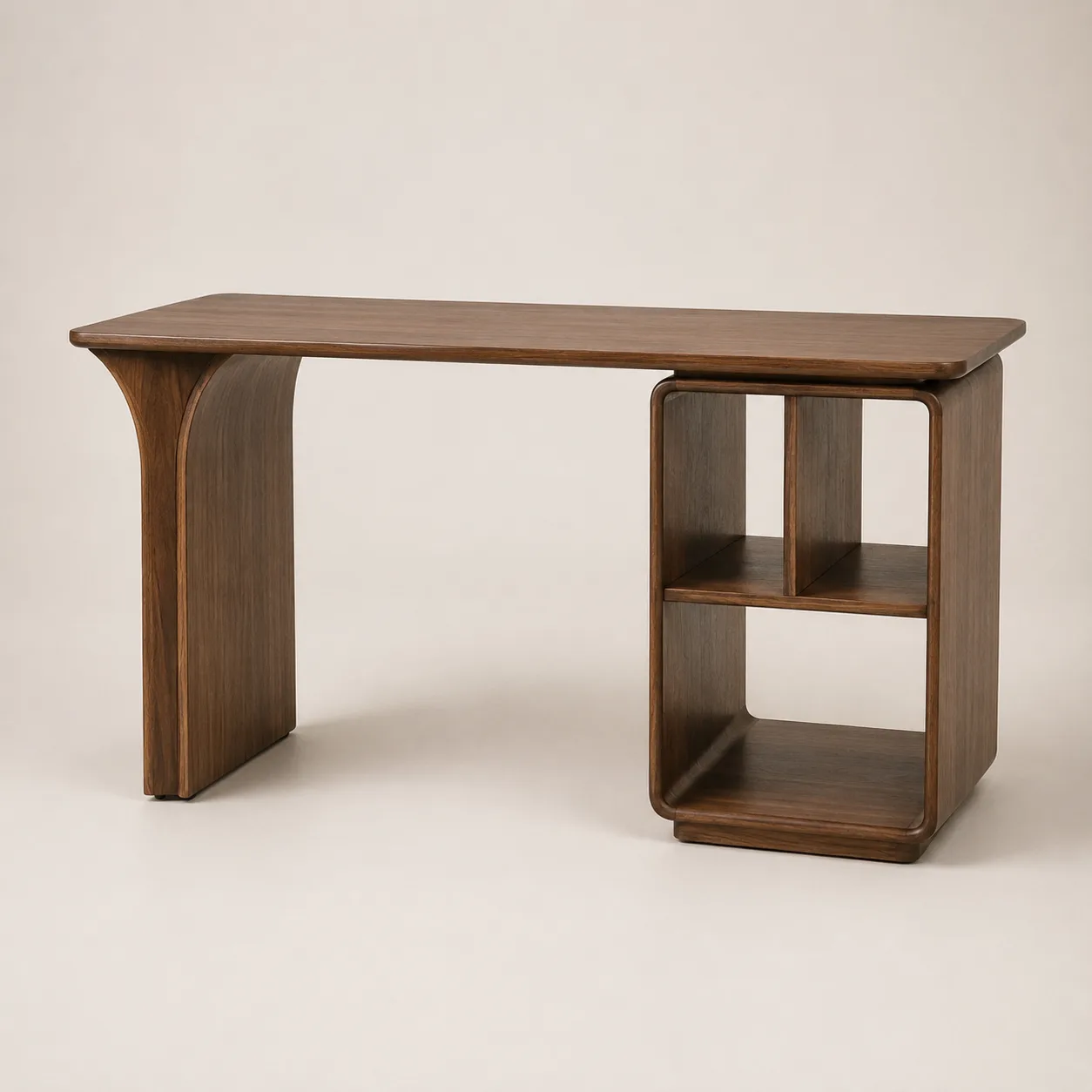 Sculpted Teak Desk with Open Shelves