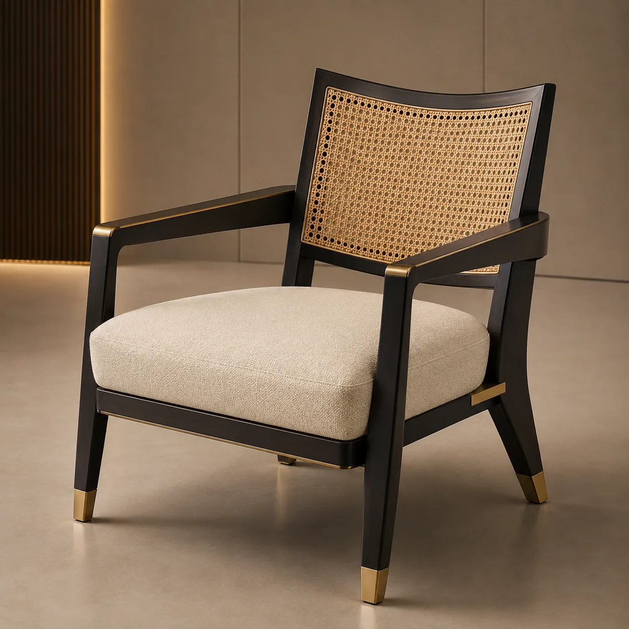 Cane Back Upholstered Teak Dining Armchair